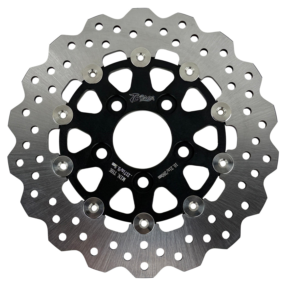 A close-up of the TC Bros. 10.25in Profile™ Rear Floating Brake Rotor, featuring a ventilated, perforated design with a black hub and silver ring—ideal for upgrading 2008-2022 Harley-Davidson Sportster brakes.