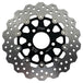 A close-up of the TC Bros. 10.25in Profile™ Rear Floating Brake Rotor, featuring a ventilated, perforated design with a black hub and silver ring—ideal for upgrading 2008-2022 Harley-Davidson Sportster brakes.