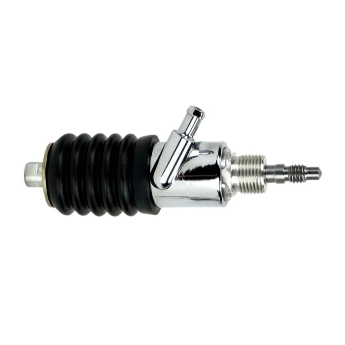 The Moto Iron® Rear Master Cylinder for 1992-1994 Harley-Davidson Touring features black accordion-style dust boots, silver threaded connectors, and sturdy metal mounting points.