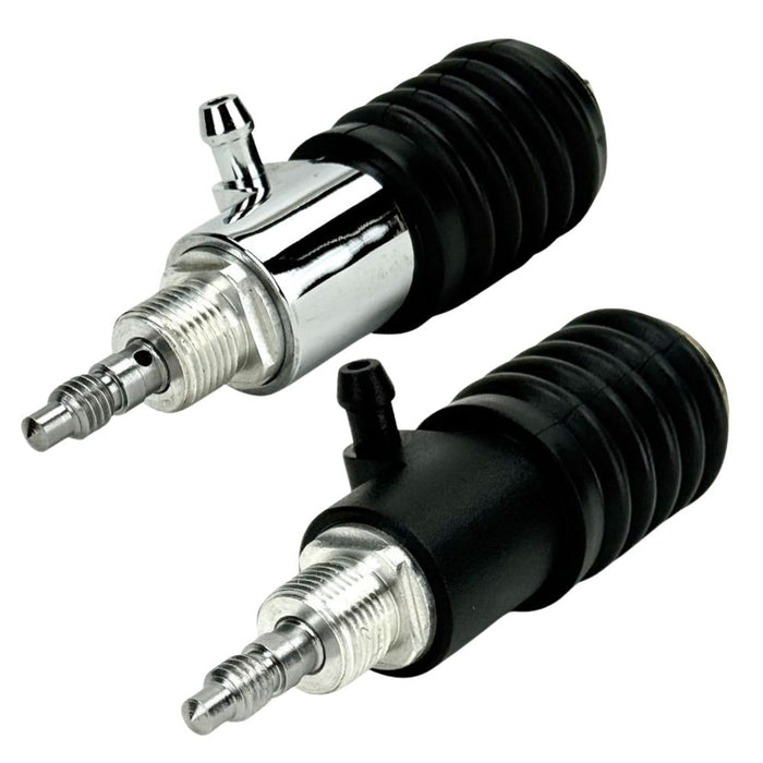 Two metal and rubber connectors with threaded ends and barbed fittings, compatible with Moto Iron® Rear Master Cylinder for 1995-1996 Harley-Davidson Touring, shown on a white background.