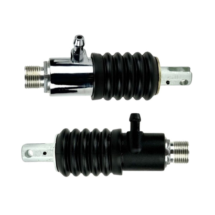 Two Moto Iron® Rear Master Cylinders for 1997-1998 Harley-Davidson Touring, featuring black rubber boots and metal fittings, are displayed side by side on a white background.