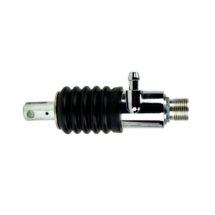 Two Moto Iron® Rear Master Cylinders for 1997-1998 Harley-Davidson Touring, featuring black rubber boots and metal fittings, are displayed side by side on a white background.