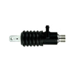 Two Moto Iron® Rear Master Cylinders for 1997-1998 Harley-Davidson Touring, featuring black rubber boots and metal fittings, are displayed side by side on a white background.