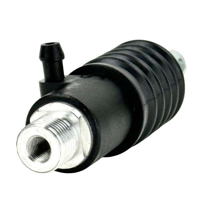 Two Moto Iron® Rear Master Cylinders for 1997-1998 Harley-Davidson Touring, featuring black rubber boots and metal fittings, are displayed side by side on a white background.