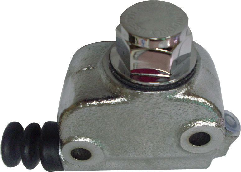 Two Moto Iron® Chrome Rear Master Cylinders for 1958-E1979 Harley-Davidson Big Twin models are shown from different angles, each featuring a rubber dust cover.