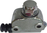 Two Moto Iron® Chrome Rear Master Cylinders for Harley-Davidson Big Twin 1973-E1979, each with hexagonal caps and black rubber boots, are shown against a white background as an ideal disc brake upgrade.