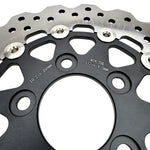 A close-up of the TC Bros. 10.25" Floating Rear Rotor, featuring a perforated metal disc with a black hub and silver ring, designed for 2022-Up Harley-Davidson Nightster rear brakes.