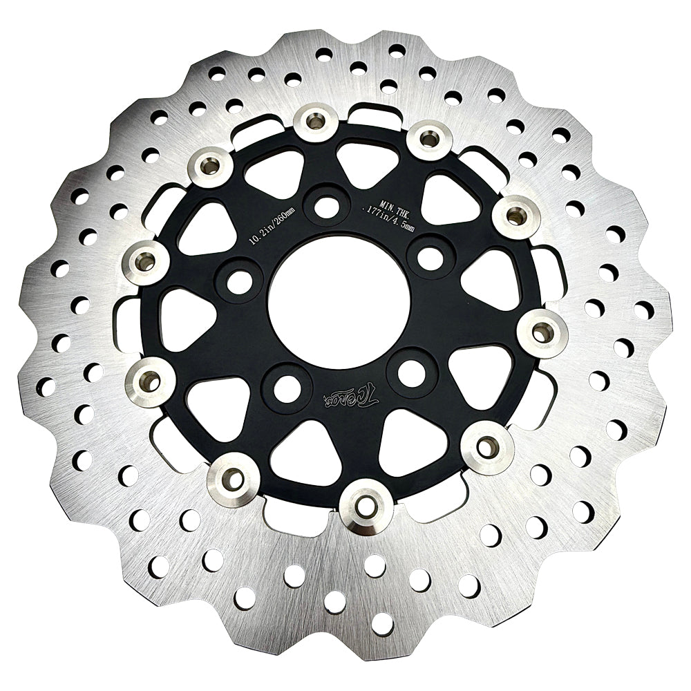 A close-up shows the TC Bros. 10.25" Rear Floating Brake Rotor for 2022-Up Harley-Davidson Nightster, featuring a metal rotor with a black hub and multiple drilled holes—ideal as a rear upgrade for your bike.