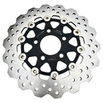 A close-up shows the TC Bros. 10.25" Rear Floating Brake Rotor for 2022-Up Harley-Davidson Nightster, featuring a metal rotor with a black hub and multiple drilled holes—ideal as a rear upgrade for your bike.