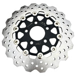 A close-up shows the TC Bros. 10.25" Rear Floating Brake Rotor for 2022-Up Harley-Davidson Nightster, featuring a metal rotor with a black hub and multiple drilled holes—ideal as a rear upgrade for your bike.