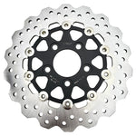 A close-up of the TC Bros. 10.25" Floating Rear Rotor, featuring a perforated metal disc with a black hub and silver ring, designed for 2022-Up Harley-Davidson Nightster rear brakes.