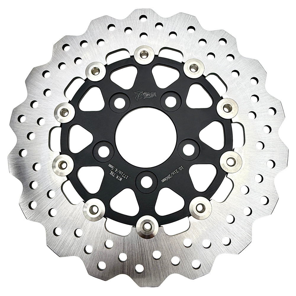 A close-up shows the TC Bros. 10.25" Rear Floating Brake Rotor for 2022-Up Harley-Davidson Nightster, featuring a metal rotor with a black hub and multiple drilled holes—ideal as a rear upgrade for your bike.