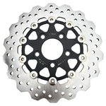 A close-up shows the TC Bros. 10.25" Rear Floating Brake Rotor for 2022-Up Harley-Davidson Nightster, featuring a metal rotor with a black hub and multiple drilled holes—ideal as a rear upgrade for your bike.