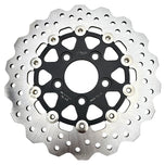 A close-up shows the TC Bros. 10.25" Rear Floating Brake Rotor for 2022-Up Harley-Davidson Nightster, featuring a metal rotor with a black hub and multiple drilled holes—ideal as a rear upgrade for your bike.