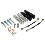 The TC Bros. Pro Series Radial Caliper Brake Line Kit for 2014-2023 Harley-Davidson Touring includes bolts, washers, connectors, and black/silver brackets from TC Bros., arranged on a white background.
