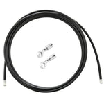 The Moto Iron® Stainless Braided Brake Line Kit - Cut-To-Fit is shown coiled with two stainless steel banjo fittings beside it, all set against a white background.