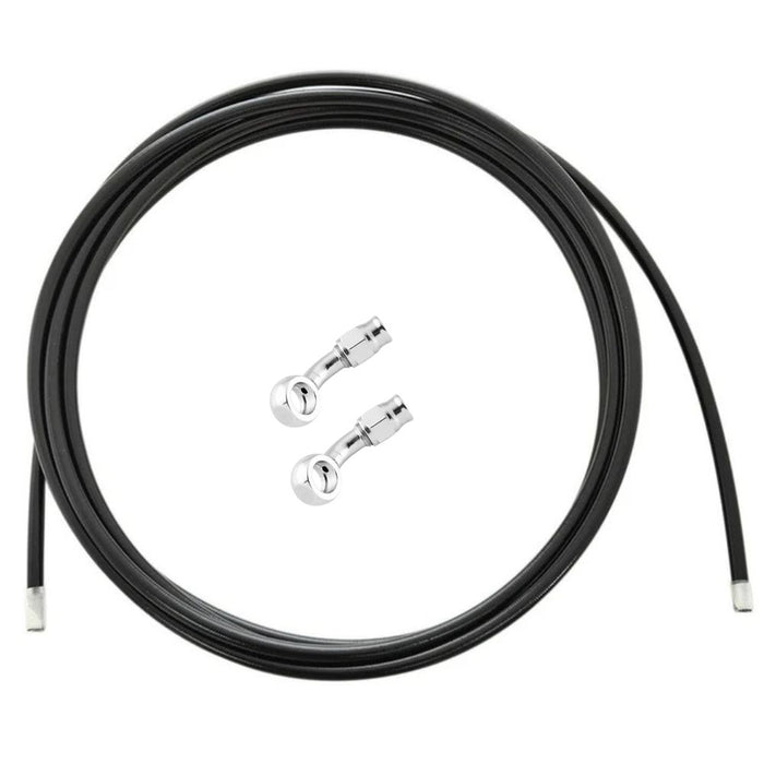 The Moto Iron® Stainless Braided Brake Line Kit - Cut-To-Fit is shown coiled with two stainless steel banjo fittings beside it, all set against a white background.