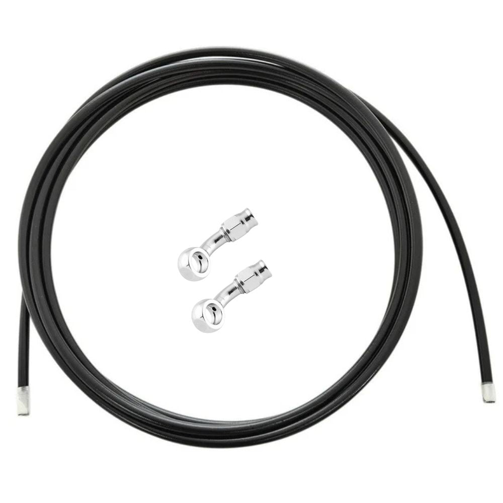 The Moto Iron® Stainless Braided Brake Line Kit - Cut-To-Fit is shown coiled with two stainless steel banjo fittings beside it, all set against a white background.