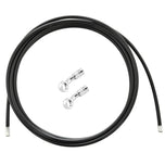 The Moto Iron® Stainless Braided Brake Line Kit - Cut-To-Fit is shown coiled with two stainless steel banjo fittings beside it, all set against a white background.