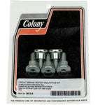 A “Colony Machine” package contains four zinc-plated front rotor fasteners (M8-1.25 × 23mm) for 2006-2017 Harley-Davidson Dyna and 2002-2017 V-Rod models with cast wheels.