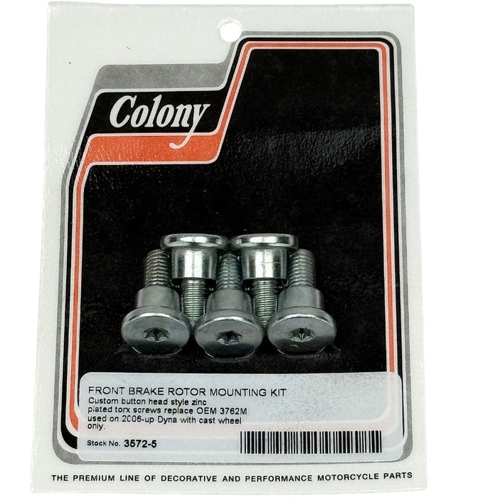 Colony Machine Front Rotor Fasteners for 2006-2017 Harley-Davidson, includes four zinc-plated M8-1.25 × 23mm bolts in packaging, designed for Dyna models with cast wheels.