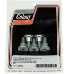 Colony Machine Front Rotor Fasteners for 2006-2017 Harley-Davidson, includes four zinc-plated M8-1.25 × 23mm bolts in packaging, designed for Dyna models with cast wheels.