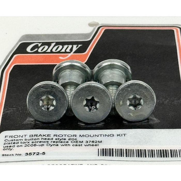 Colony Machine Front Rotor Fasteners for 2006-2017 Harley-Davidson, includes four zinc-plated M8-1.25 × 23mm bolts in packaging, designed for Dyna models with cast wheels.
