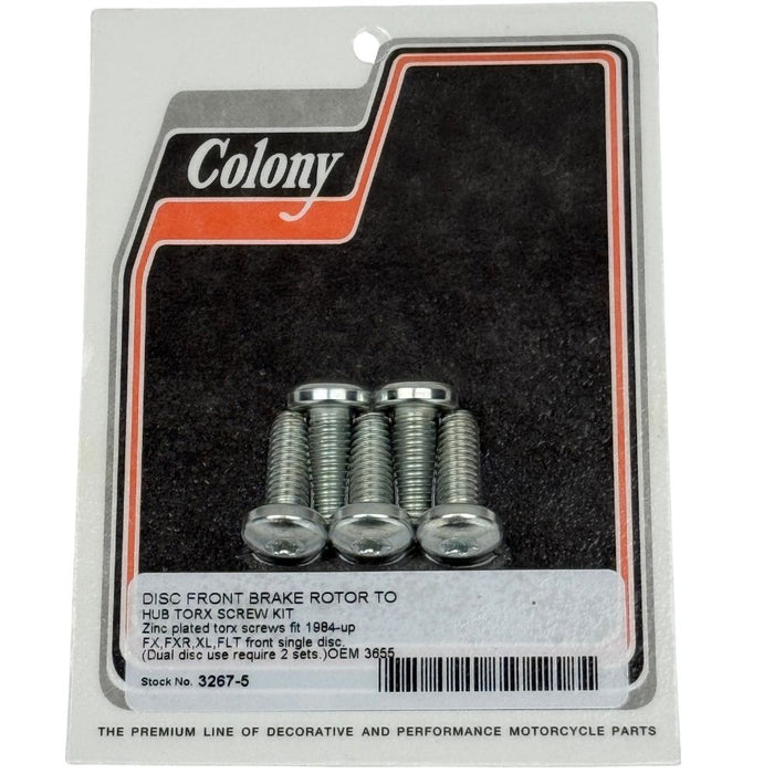 Colony Machine Front Rotor Fasteners for Harley-Davidson 1984-Up, chrome-plated hardware, compatible with various models.