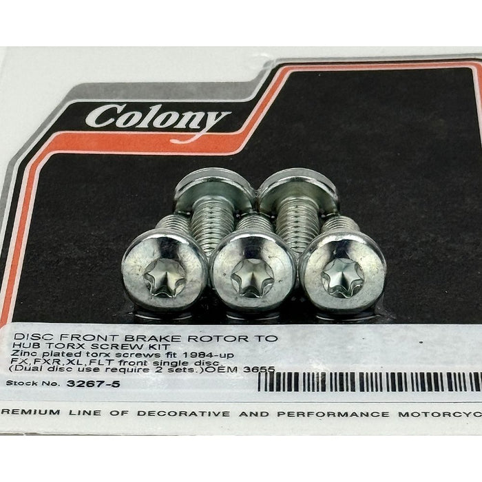 Colony Machine Front Rotor Fasteners for Harley-Davidson 1984-Up, chrome-plated hardware, compatible with various models.