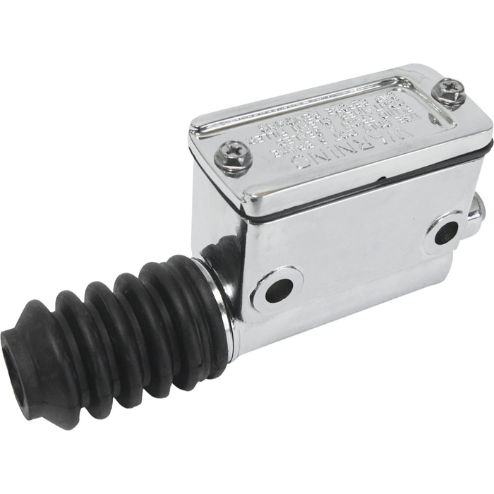 The HardDrive Rear Brake Master Cylinder for 1982-E1987 Harley-Davidson Sportster features a chrome finish, black rubber boot, metal cover with visible screws, and embossed text on top.