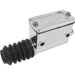 The HardDrive Rear Brake Master Cylinder for 1982-E1987 Harley-Davidson Sportster features a chrome finish, black rubber boot, metal cover with visible screws, and embossed text on top.