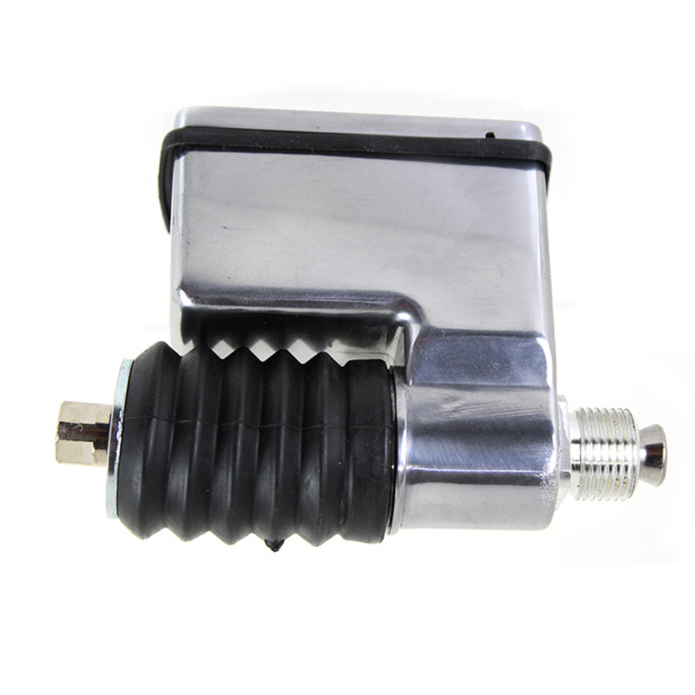 Chrome Wyatt Gatling Rear Brake Master Cylinder for 1991-2005 Harley-Davidson Dyna, featuring a black rubber bellows boot.