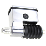 Chrome Wyatt Gatling Rear Brake Master Cylinder for 1991-2005 Harley-Davidson Dyna, featuring a black rubber bellows boot.