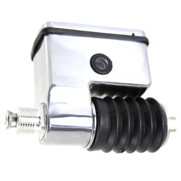 Chrome Wyatt Gatling Rear Brake Master Cylinder for 1991-2005 Harley-Davidson Dyna, featuring a black rubber bellows boot.
