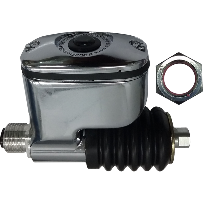 Two mechanical valve actuators—one black plastic, one chrome metal—plus a hex nut and washer are shown, compatible with the Drag Specialties Rear Brake Master Cylinder for 2006-2017 Harley-Davidson Dyna.