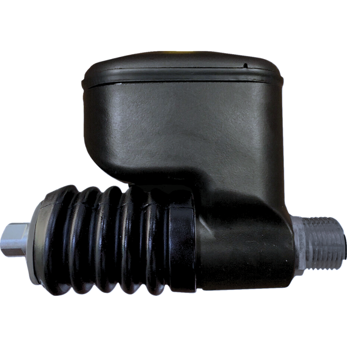 Two mechanical valve actuators—one black plastic, one chrome metal—plus a hex nut and washer are shown, compatible with the Drag Specialties Rear Brake Master Cylinder for 2006-2017 Harley-Davidson Dyna.