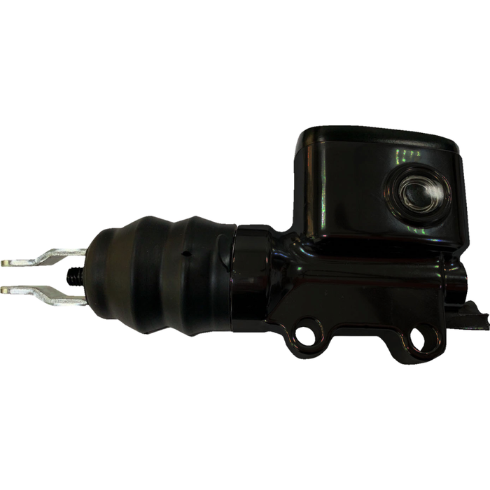 Drag Specialties Rear Brake Master Cylinder for 2018-2025 Harley-Davidson Softail, featuring metal mounting points and a rubber boot, shown in black and isolated on a white background.