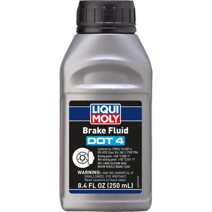 A silver 8.4 fl oz (250 mL) bottle of Liqui Moly DOT 4 Brake Fluid, featuring product specs and warnings on the label—perfect for motorcycle brakes.