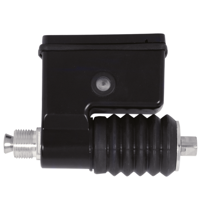 Two L-shaped Mid-USA Rear Brake Master Cylinders for 1991-2005 Harley-Davidson Dyna, one matte black and one metallic silver with ribbed black sections, are displayed side by side on a white background.