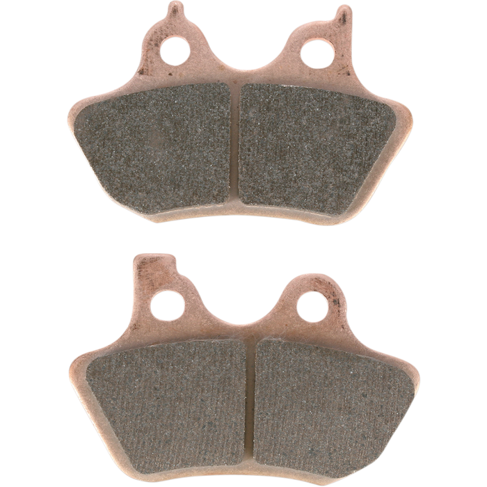 Two EBC Double-H Fully Sintered Brake Pads for 2000-2007 Harley-Davidson Big Twin and Sportster, shown front and back with mounting holes on a white background.