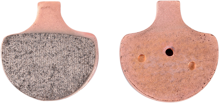 Two EBC Double-H Fully Sintered Brake Pads for 1984-2011 Harley-Davidson Big Twin and Sportster are shown side by side—one has a rough, textured surface, while the other has a smooth, flat side with two small holes.