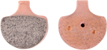 Two EBC Double-H Fully Sintered Brake Pads for 1984-2011 Harley-Davidson Big Twin and Sportster are shown side by side—one has a rough, textured surface, while the other has a smooth, flat side with two small holes.