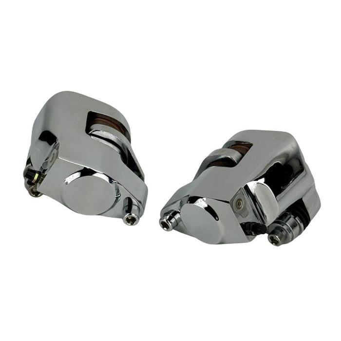 Two polished chrome Mid-USA Chrome Caliper Set for 1984-1999 Harley-Davidson Big Twin and Sportster motorcycle brake calipers.