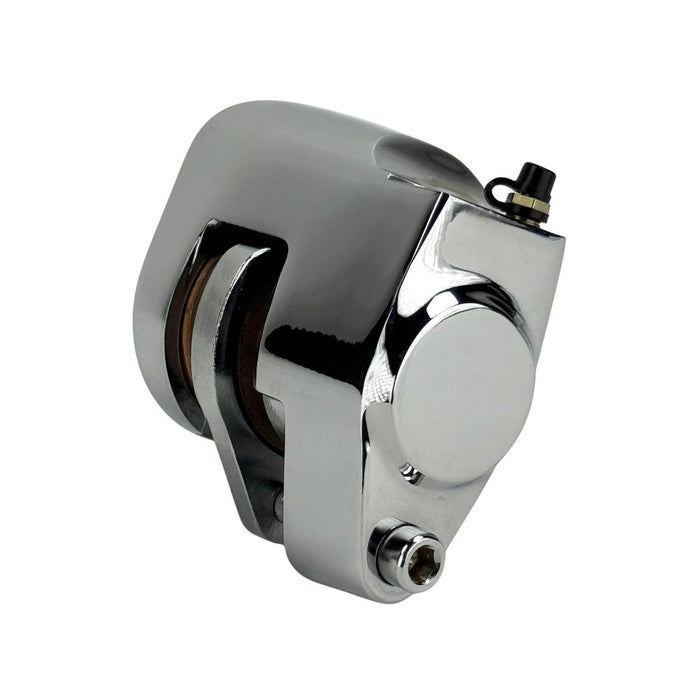 Two polished chrome Mid-USA Chrome Caliper Set for 1984-1999 Harley-Davidson Big Twin and Sportster motorcycle brake calipers.