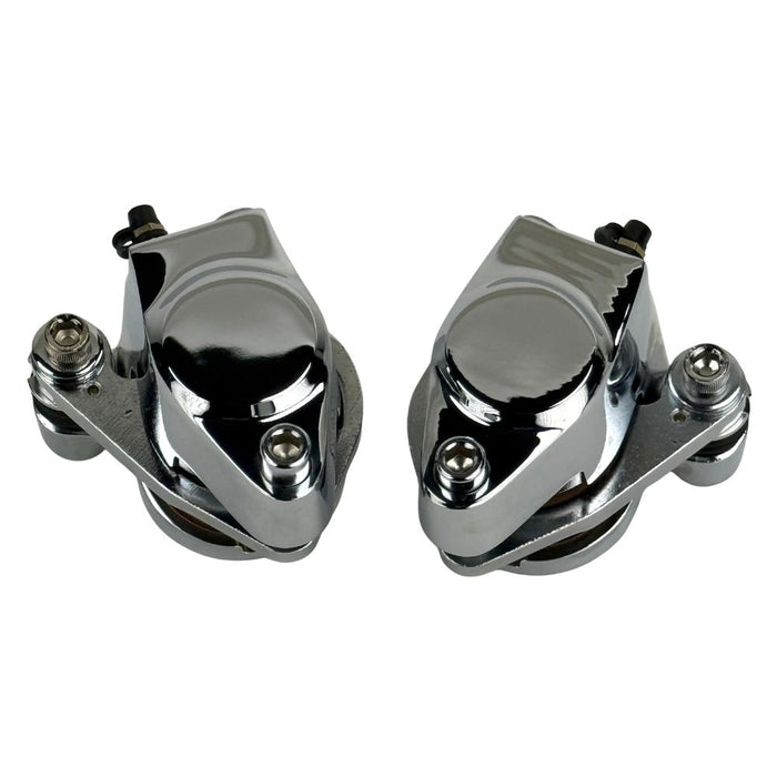 Two polished chrome Mid-USA Chrome Caliper Set for 1984-1999 Harley-Davidson Big Twin and Sportster motorcycle brake calipers.