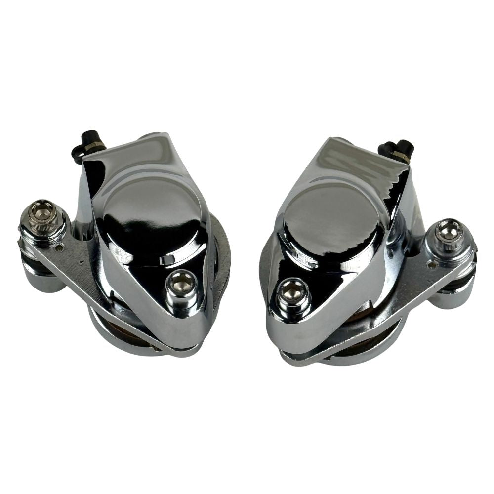 Two polished chrome Mid-USA Chrome Caliper Set for 1984-1999 Harley-Davidson Big Twin and Sportster motorcycle brake calipers.