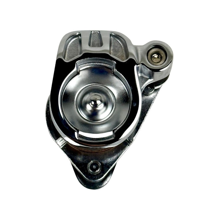 A chrome and a black Mid-USA Narrowglide Caliper for 1984-1999 Harley-Davidson Big Twin and Sportster shown with a single mounting bolt.