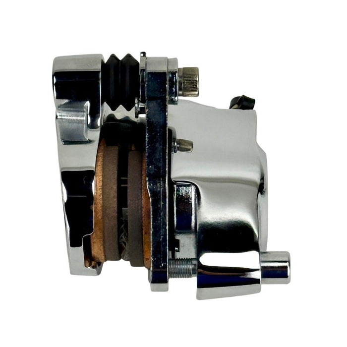 A chrome and a black Mid-USA Narrowglide Caliper for 1984-1999 Harley-Davidson Big Twin and Sportster shown with a single mounting bolt.