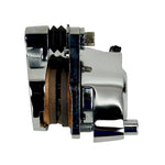 A chrome and a black Mid-USA Narrowglide Caliper for 1984-1999 Harley-Davidson Big Twin and Sportster shown with a single mounting bolt.