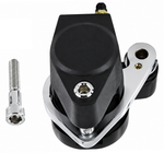 A chrome and a black Mid-USA Narrowglide Caliper for 1984-1999 Harley-Davidson Big Twin and Sportster shown with a single mounting bolt.